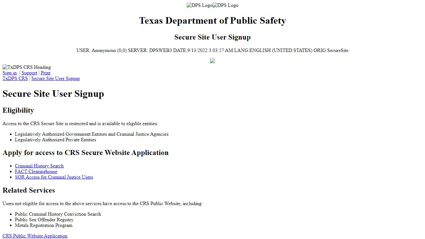 Secure Site User Signup | TxDPS Crime Records Division - Texas
