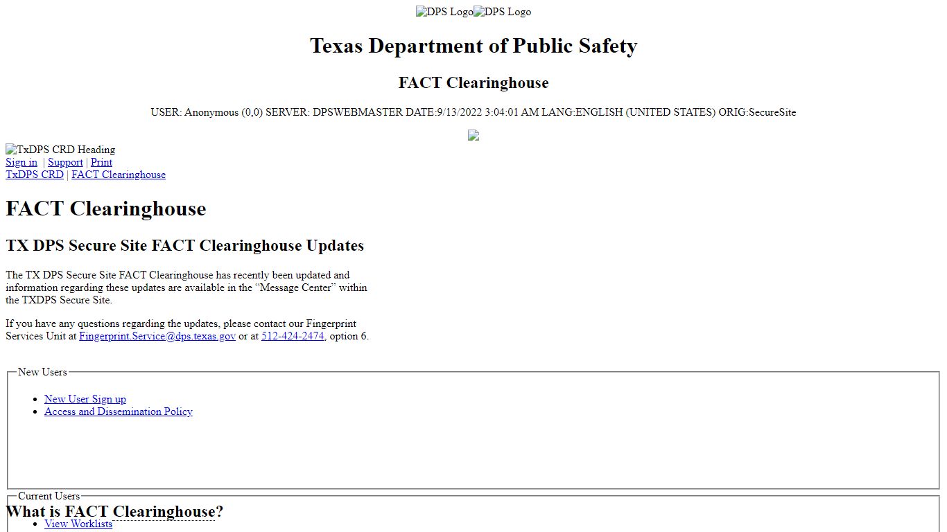 FACT Clearinghouse | TxDPS Crime Records Division - Texas